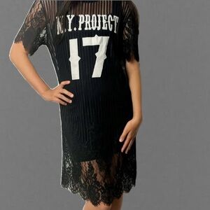 NY Project 17 Sheer Black Lace Midi Dress Scalloped Hem and Sleeves